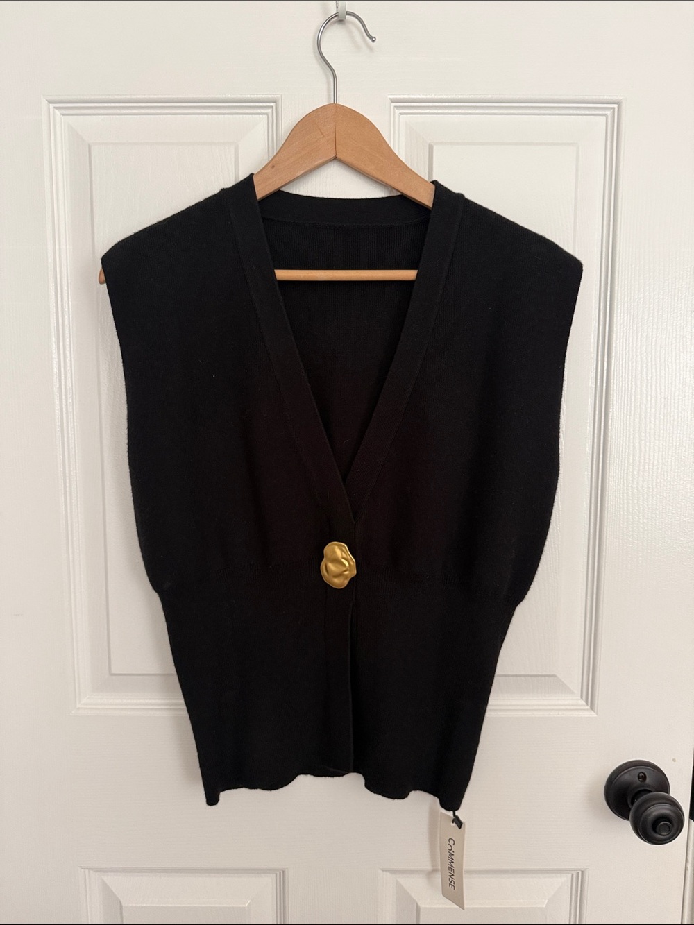 Commense Black Sleeveless V-Neck Sweater Vest with Gold Accent Button